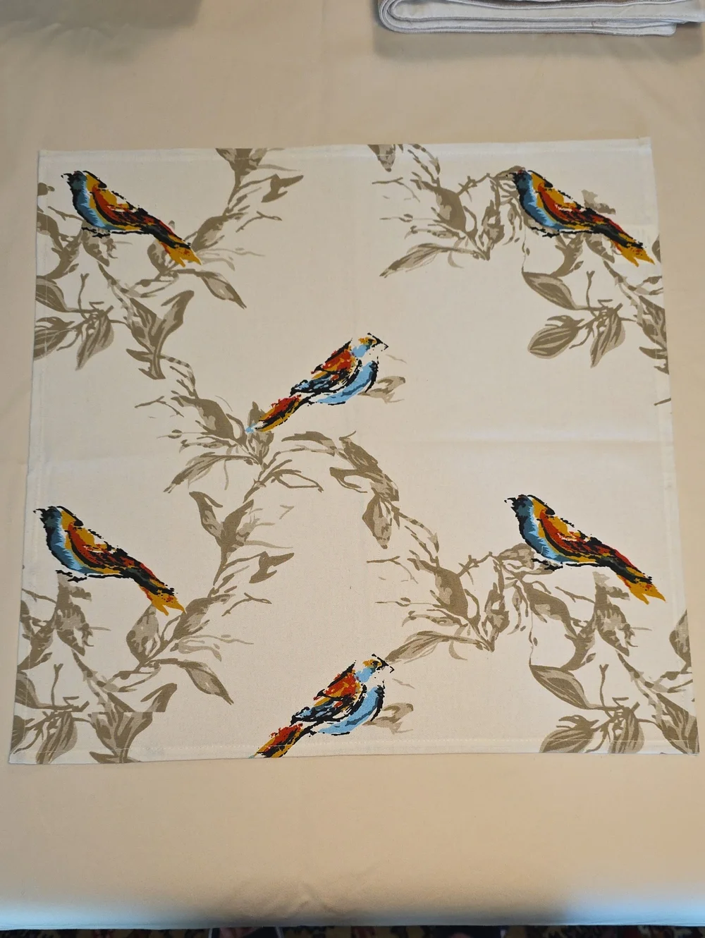 4 Bird Print Decorative Linen Square - Cream with Multicolor Birds 18x18